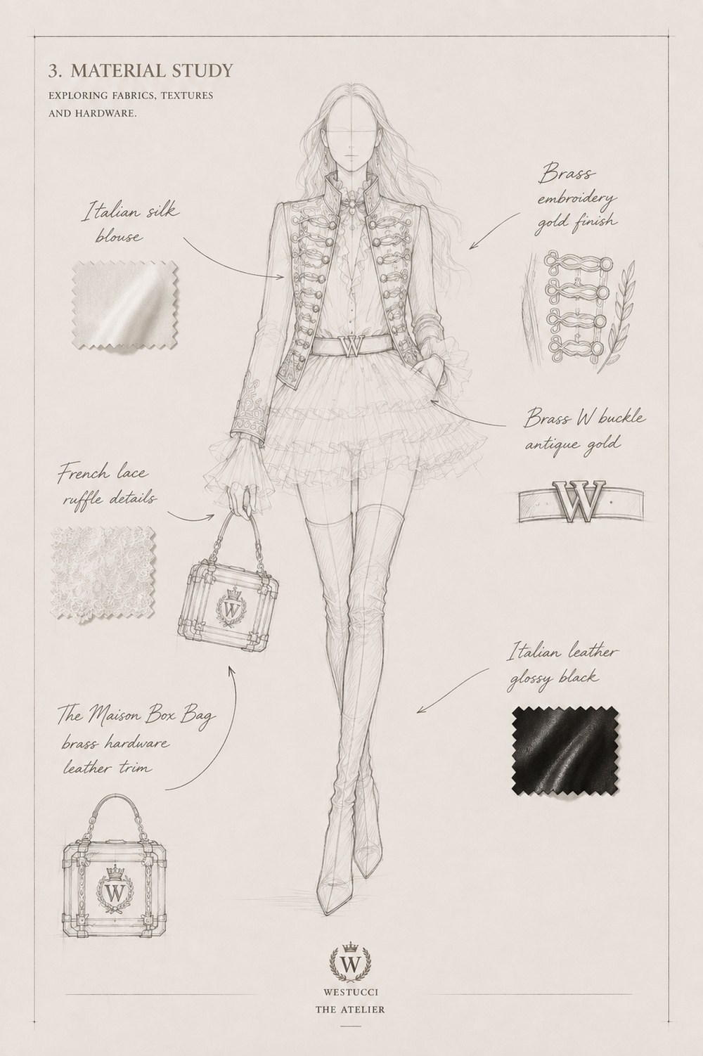 Material Study: the figure annotated with the fabrics and hardware chosen for Le Siecle d'Or Look One - an Italian silk blouse, French lace ruffle details, a brass W buckle in antique gold, brass embroidery in a gold finish, glossy black Italian leather, and the Maison Box Bag in brass hardware and leather trim