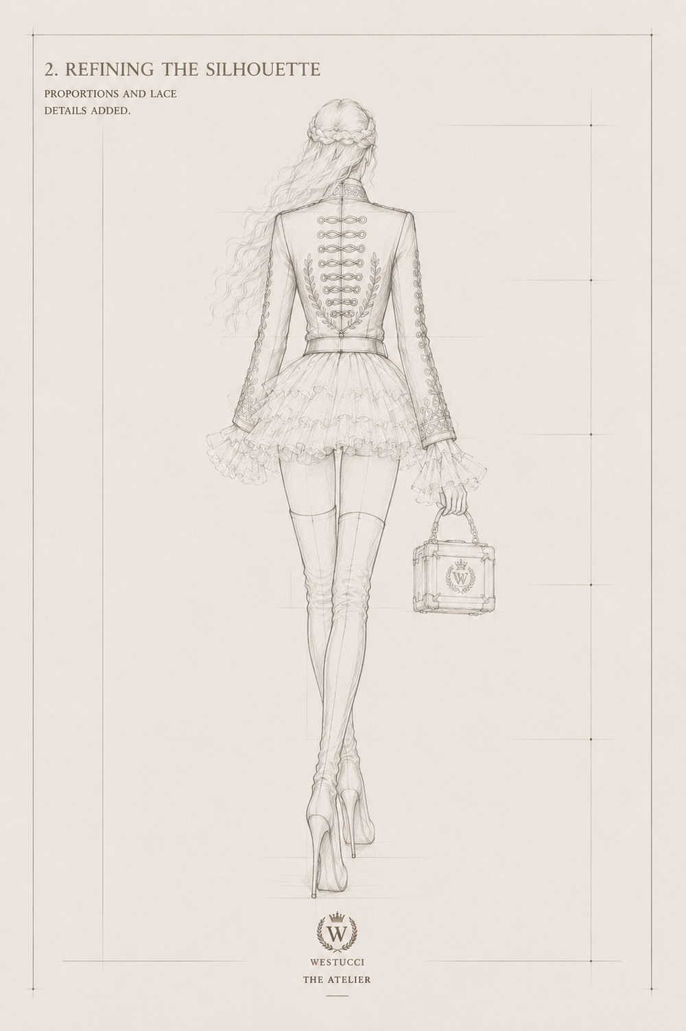 Refining the Silhouette, back: the frogging and a laurel motif worked down the spine of the jacket, the plaited crown at the back of the head, the same ruffled skirt and trunk bag