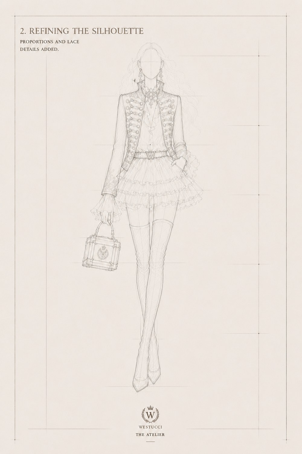 Refining the Silhouette, front: the hussar frogging added with domed buttons, a jewelled collar and drop earrings, the Westucci buckle named at the waist, a ruffled tiered skirt, and the trunk bag held at the side