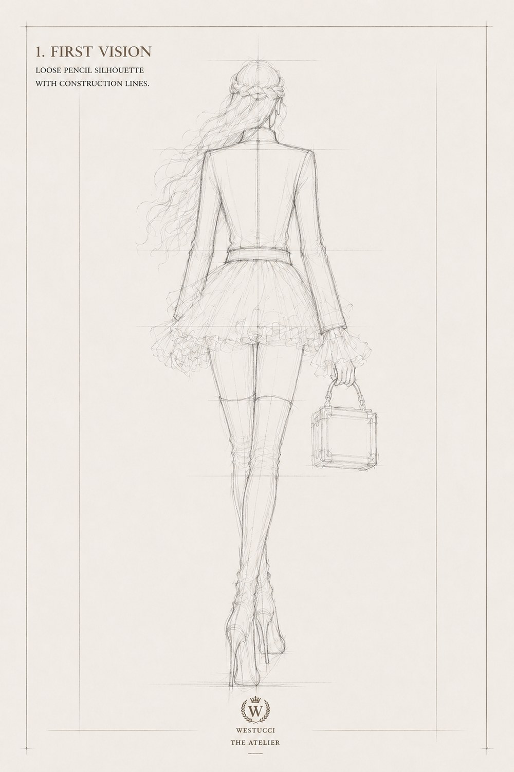 First Vision, back: the same pencil silhouette from behind, hair worked into a plaited crown, the jacket and tiered skirt still plain, the same trunk bag held at the side
