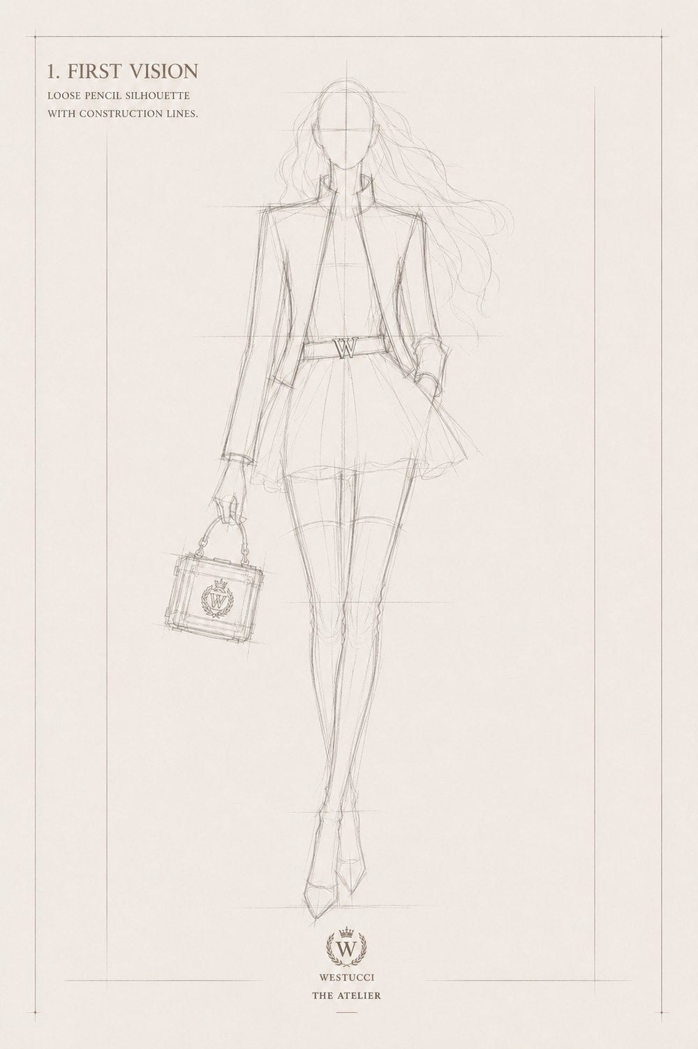 First Vision, front: a loose pencil silhouette of Le Siecle d'Or Look One with construction lines, a structured jacket roughed in with a stand collar, a Westucci buckle at the waist, a tiered short skirt, and a trunk-style bag held at the side