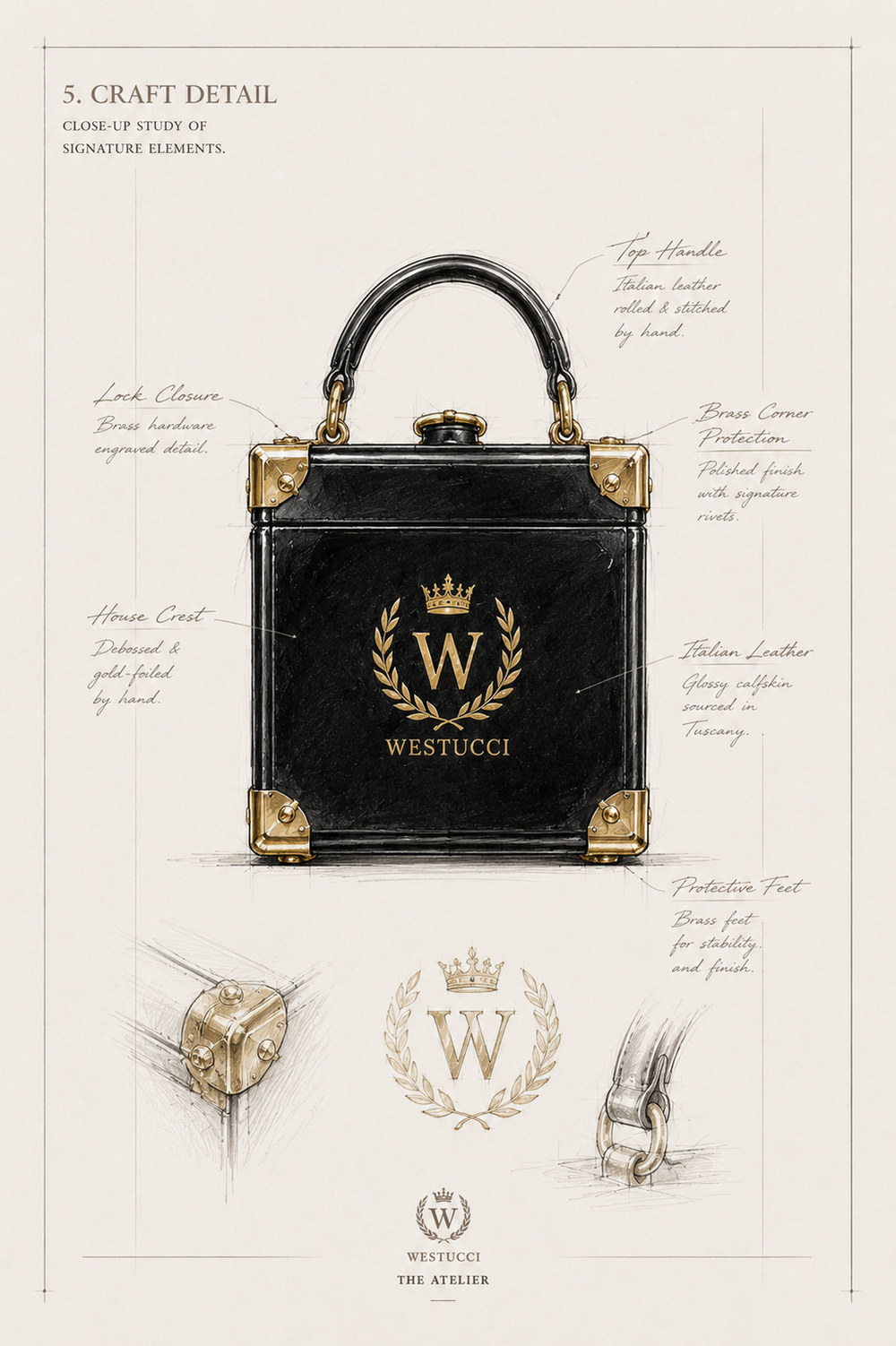 Craft Detail: close studies of the black Mini Trunk Bag - a top handle of Italian leather rolled and stitched by hand, a lock closure in brass with engraved detail, brass corner protection in a polished finish with signature rivets, the house crest debossed and gold-foiled by hand, glossy Italian calfskin sourced in Tuscany, and brass protective feet for stability and finish