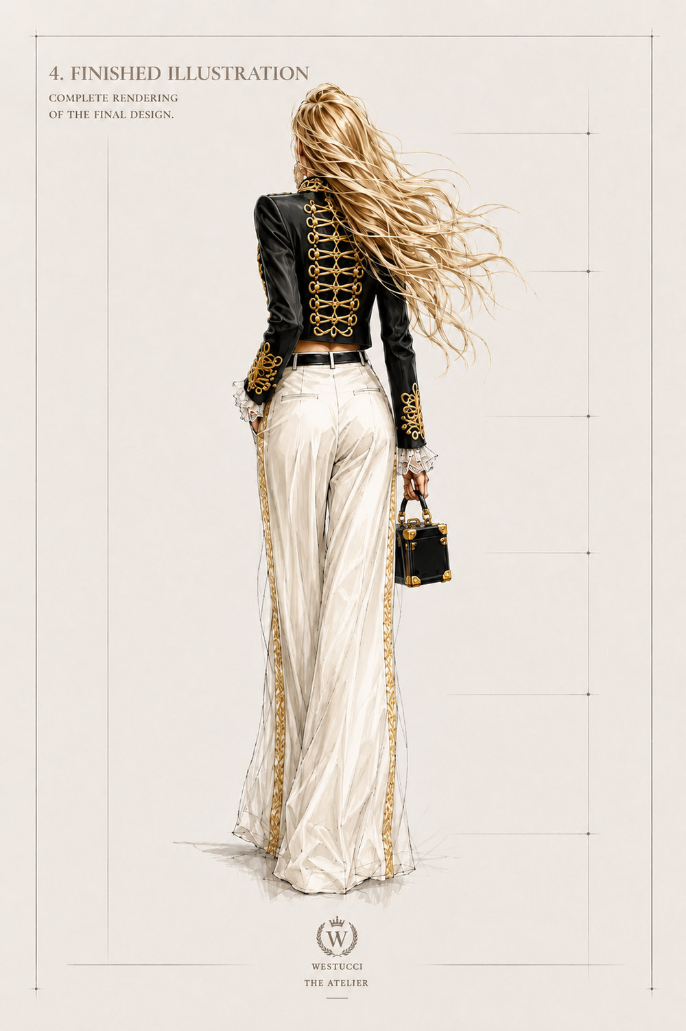 Finished Illustration, back: the same rendering from behind, gold frogging filling the back of the cropped jacket, lace ruffle cuffs at the wrists, gold braid running the length of the ivory trouser to the floor, and the trunk bag carried at the side