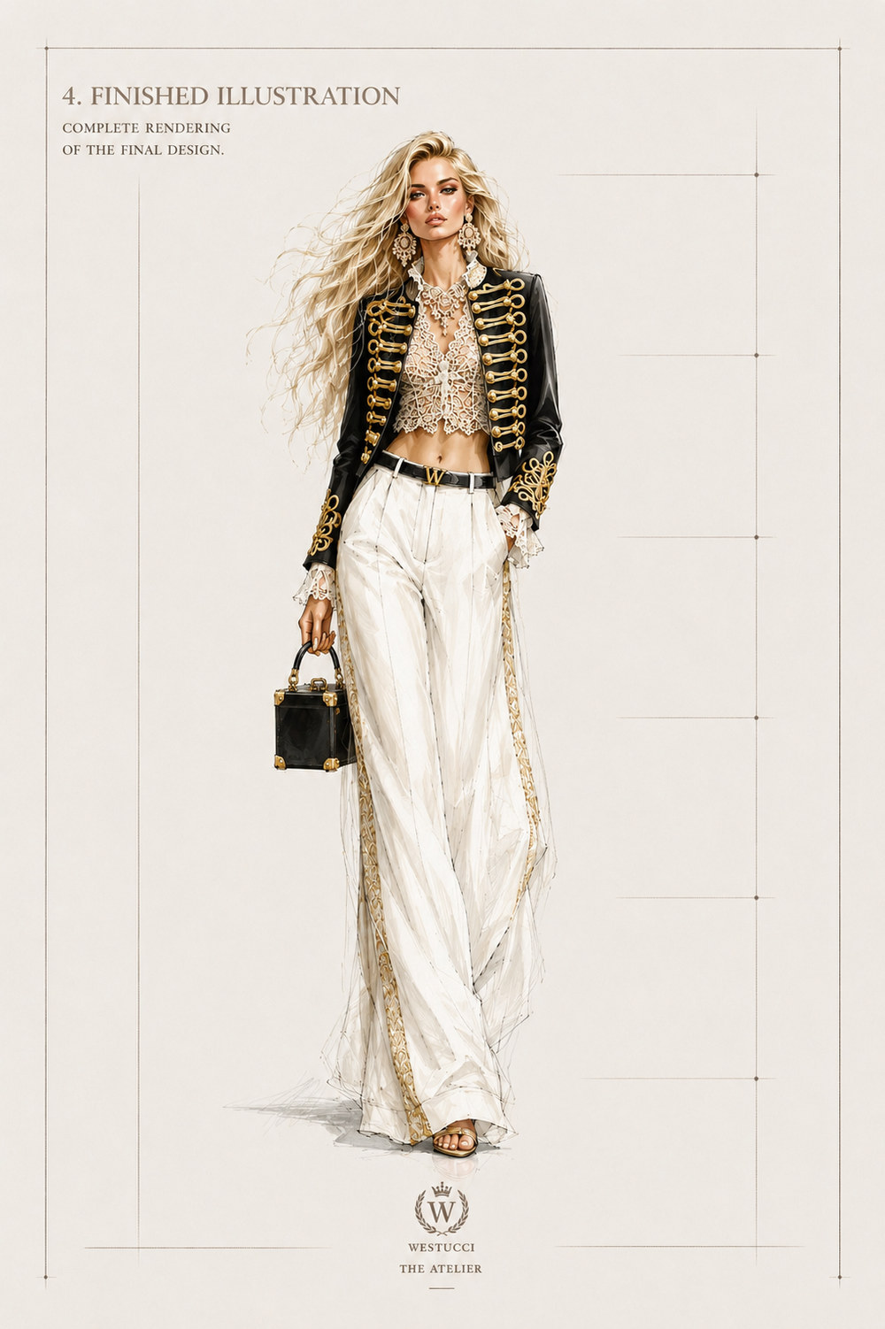 Finished Illustration, front: the complete rendering of Le Siecle d'Or Look Two in colour, a cropped black jacket with gold frogging worn open over an ivory lace bodice, wide ivory trousers braided in gold under sheer panels, a black Westucci belt, gold sandals, and the black trunk bag with gold hardware