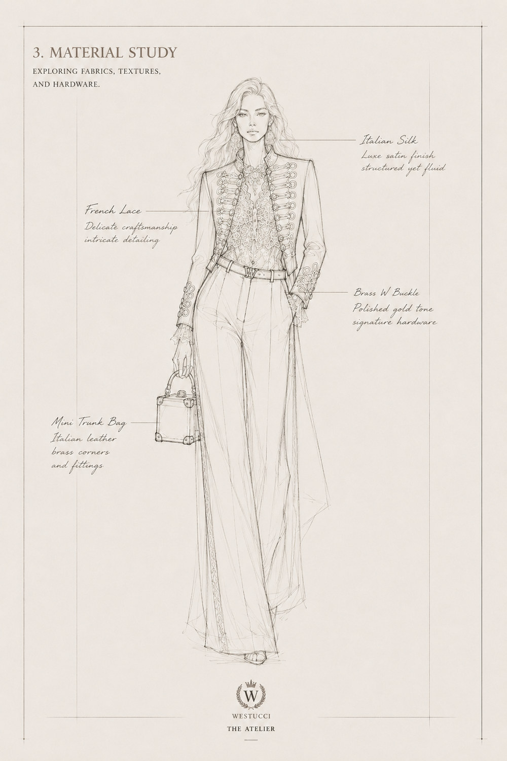 Material Study: the figure annotated with the fabrics and hardware chosen for Le Siecle d'Or Look Two - Italian silk in a luxe satin finish that is structured yet fluid, French lace of delicate craftsmanship and intricate detailing, a brass W buckle in a polished gold tone as the signature hardware, and the Mini Trunk Bag in Italian leather with brass corners and fittings