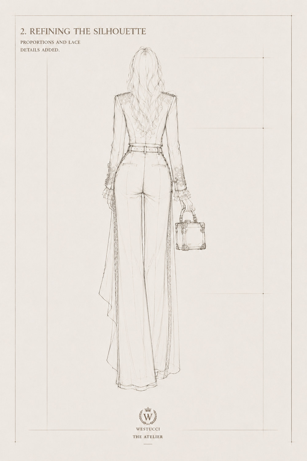 Refining the Silhouette, back: braid worked onto the shoulders of the jacket, welt pockets on the trousers, the same lace ruffle cuffs, and a gold trim traced down the outer seam of the trouser leg