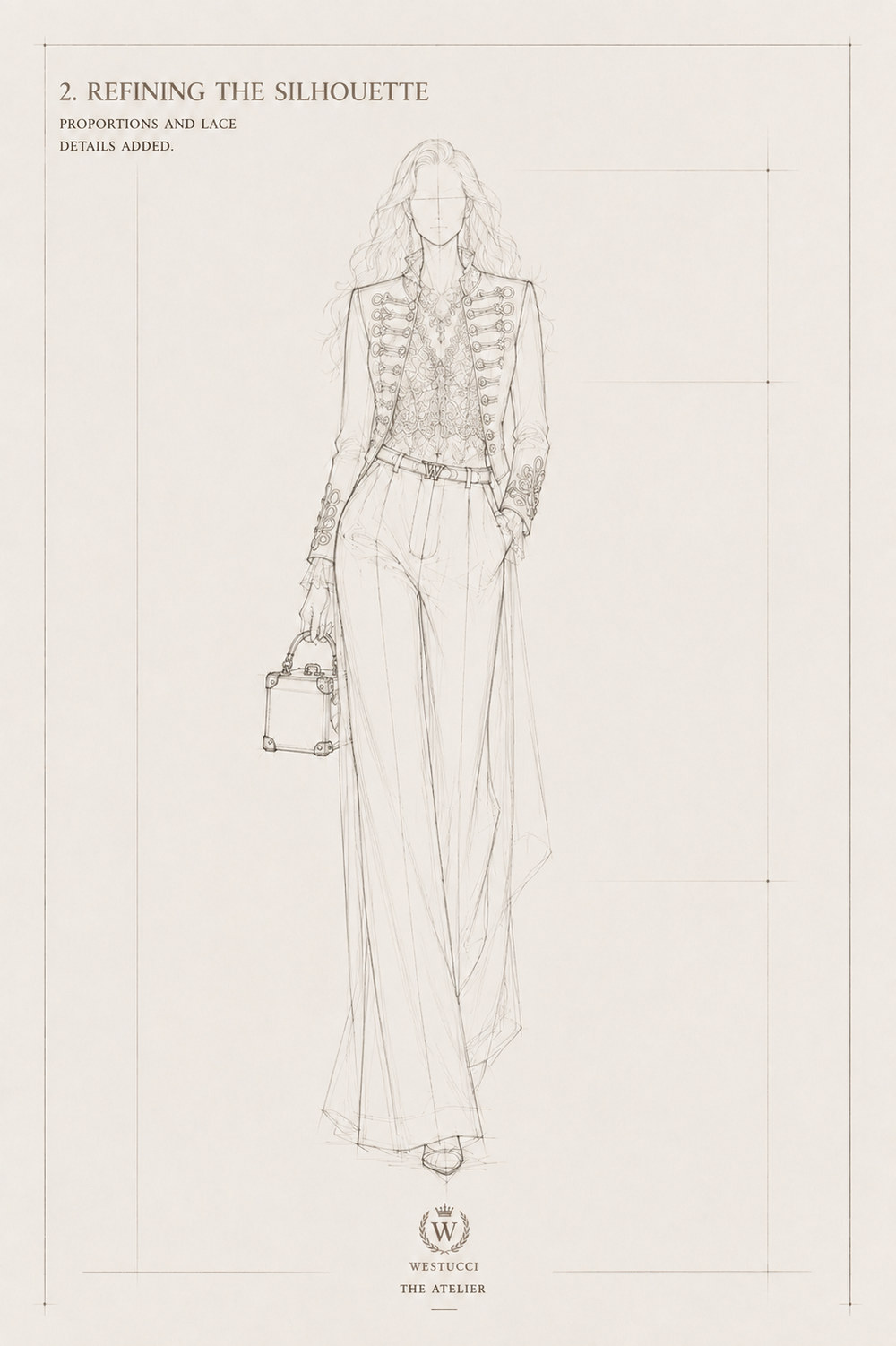 Refining the Silhouette, front: the frogging drawn in full with domed buttons, a lace bodice added beneath the open jacket, the Westucci buckle named at the waist, lace ruffle cuffs, and the trunk bag held at the side