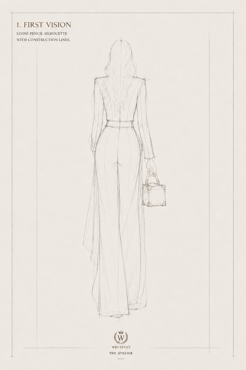 First Vision, back: the same pencil silhouette from behind, the cropped jacket and wide trousers still plain, the sheer panel trailing to the floor and the trunk bag held at the side