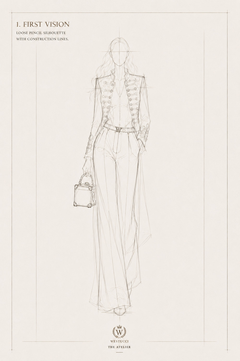 First Vision, front: a loose pencil silhouette of Le Siecle d'Or Look Two with construction lines, a cropped jacket roughed in with rows of frogging, a plain bodice beneath, the Westucci buckle at the waist, wide-legged trousers with sheer panels falling from the hip, and a trunk-style bag held at the side