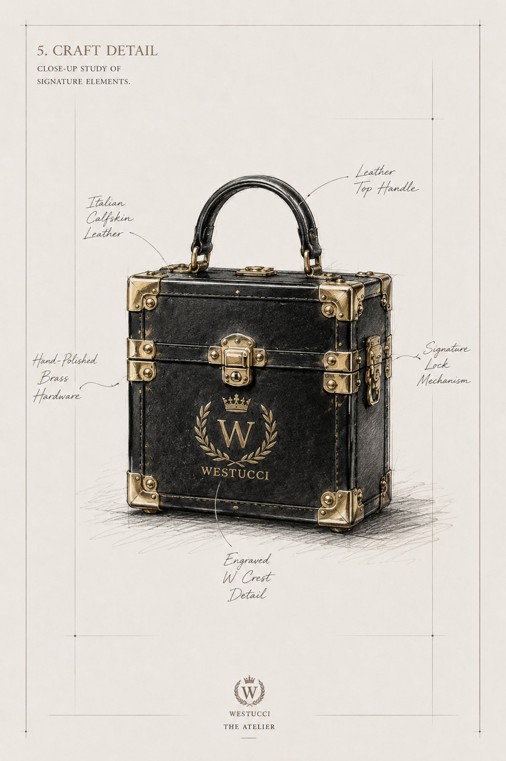 Craft Detail: a close-up study of the black trunk bag - Italian calfskin leather, a leather top handle, hand-polished brass hardware at the corners and edges, the signature lock mechanism at the side, and the engraved crowned laurel W crest with the Westucci wordmark on the face