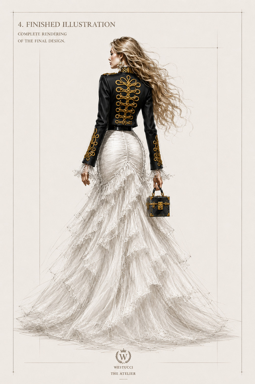Finished Illustration, back: the same rendering from behind, gold braid filling the back of the black leather jacket and running down the sleeves, lace ruffle cuffs at the wrists, the ivory tulle skirt opening out into a full sweeping train, and the trunk bag carried at the side