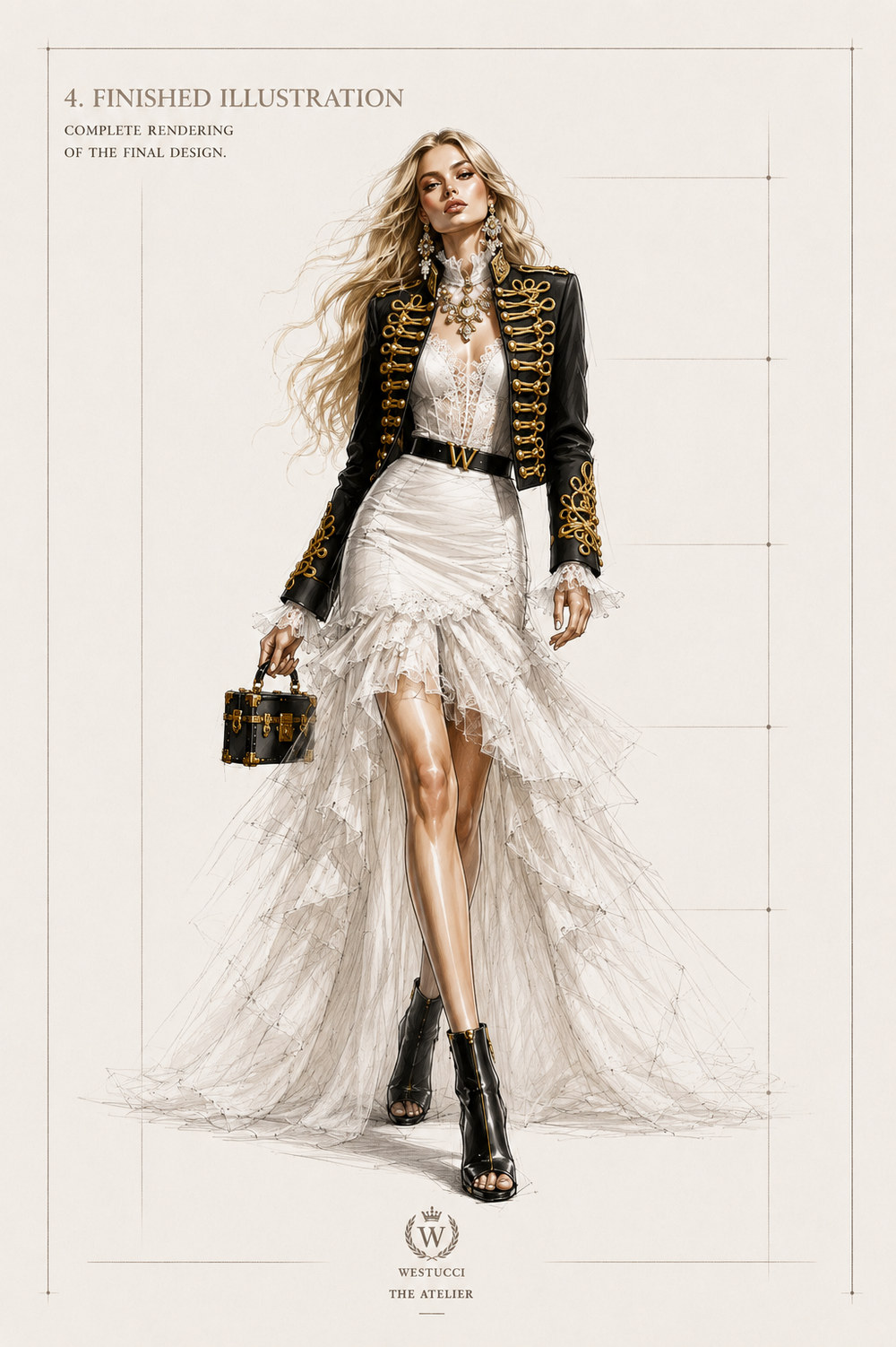 Finished Illustration, front: the complete rendering of Le Siecle d'Or Look Three in colour, a cropped black leather jacket with gold frogging worn open over an ivory lace corset, crystal jewellery at the throat and ears, a black Westucci belt, a ruched ivory skirt breaking into tiers of tulle, black open-toe ankle boots, and the black trunk bag with gold hardware