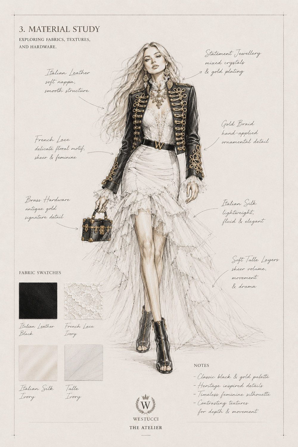 Material Study: the figure annotated with the materials chosen for Le Siecle d'Or Look Three - Italian leather in soft nappa with a smooth structure, French lace in a delicate floral motif, lightweight and fluid Italian silk, soft tulle layers for sheer volume and drama, hand-applied gold braid, brass hardware in antique gold, and statement jewellery of mixed crystals and gold plating. Four fabric swatches are set out beneath - Italian leather in black, French lace in ivory, Italian silk in ivory and tulle in ivory - beside notes calling for a classic black and gold palette, heritage inspired details, a timeless feminine silhouette, and contrasting textures for depth and movement
