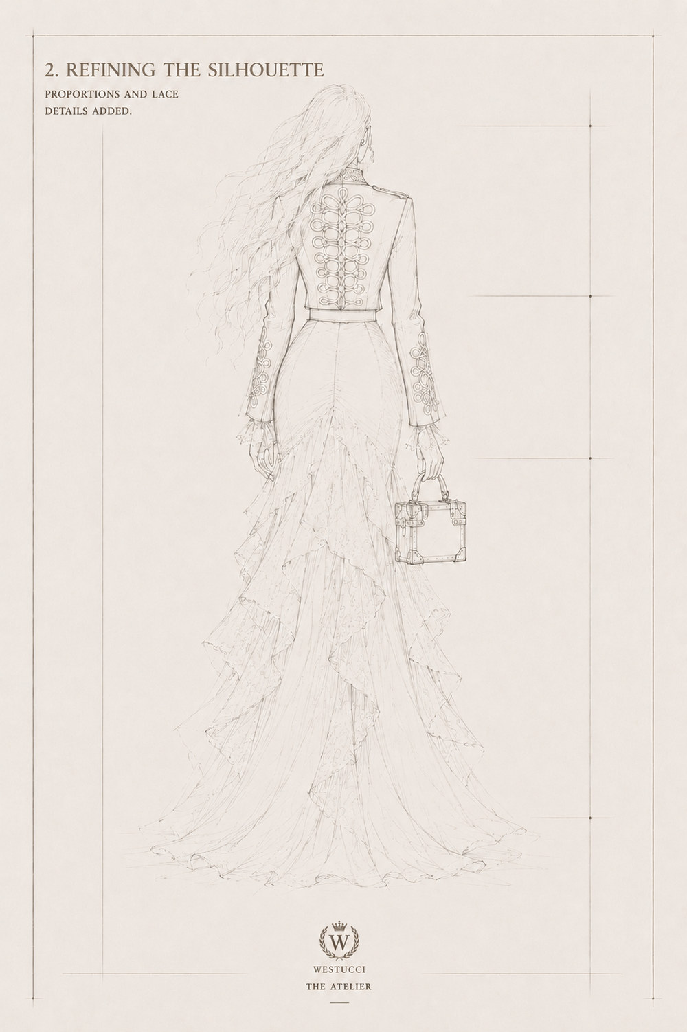 Refining the Silhouette, back: looped braid filling the back of the cropped jacket and running down the sleeves, the ruched skirt worked out into layered tiers falling to a full train, and the trunk bag held at the side