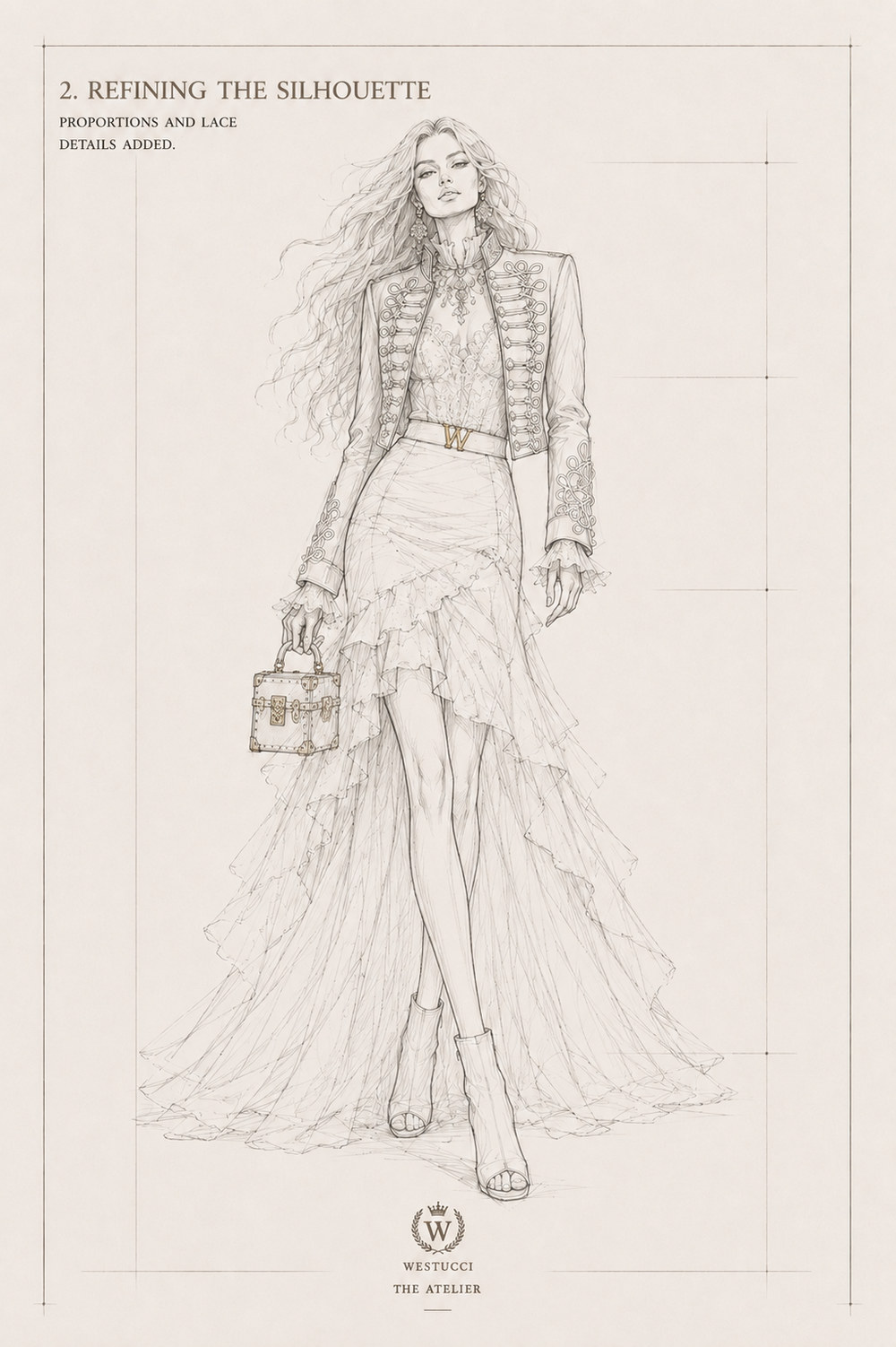 Refining the Silhouette, front: the frogging drawn in full with looped braid at the cuffs, a lace corset beneath the open jacket, a jewelled collar and drop earrings, the Westucci buckle named at the waist, tiers of ruffles over the skirt, open-toe ankle boots, and the trunk bag held at the side