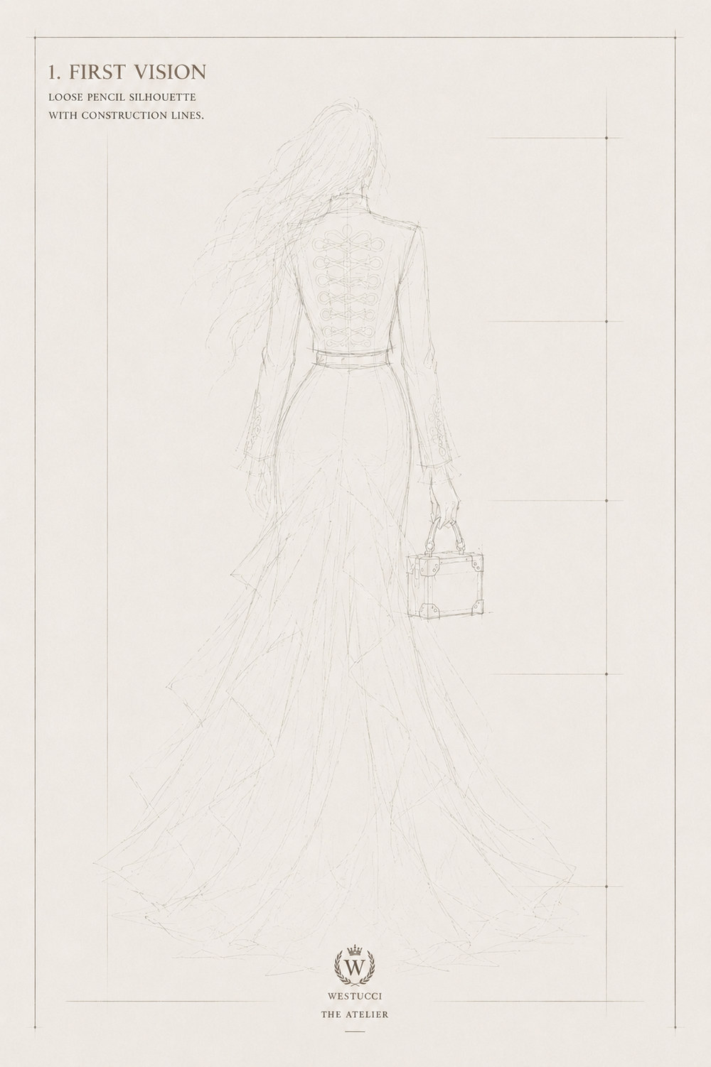 First Vision, back: the same pencil silhouette from behind, frogging drawn across the back of the cropped jacket, the skirt falling into a full sweeping train, and the trunk bag held at the side