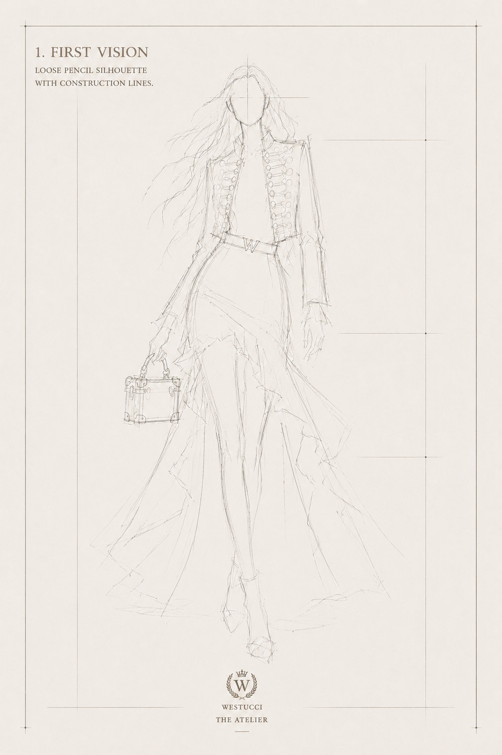First Vision, front: a loose pencil silhouette of Le Siecle d'Or Look Three with construction lines, a cropped jacket roughed in with rows of frogging and an epaulette at the shoulder, the Westucci buckle at the waist, a ruched skirt falling into a long asymmetric train, an ankle boot, and a trunk-style bag held at the side