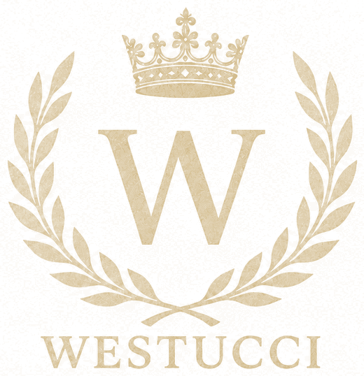 The Westucci crest: a crown above a laurel wreath enclosing the letter W