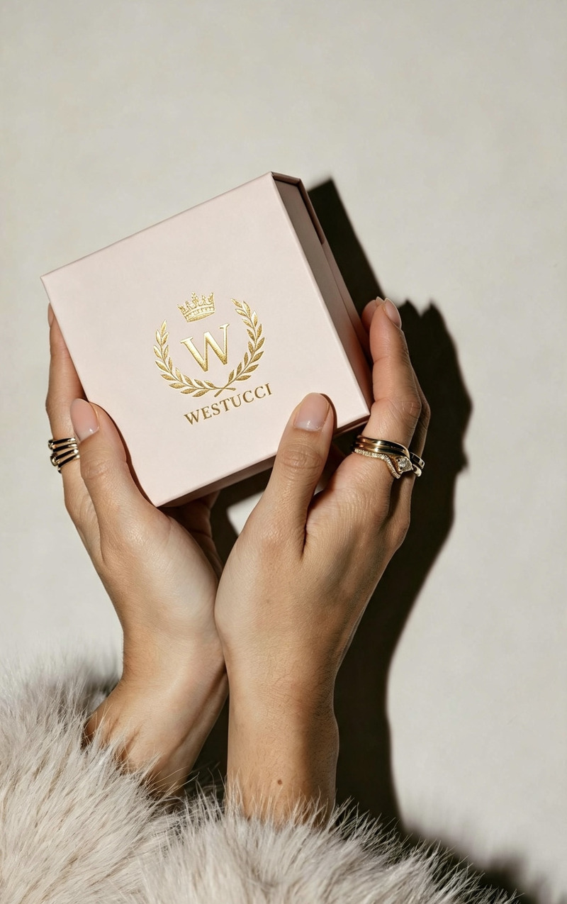 The Westucci Heritage Box held in two hands above pale fur, the crowned laurel crest and the Westucci name foiled in gold on the blush lid