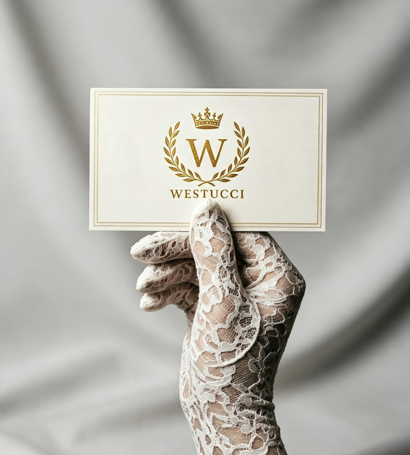 The Westucci Authentication Card, cream with a fine gold rule border and the crowned laurel crest above the Westucci name, held in a lace-gloved hand