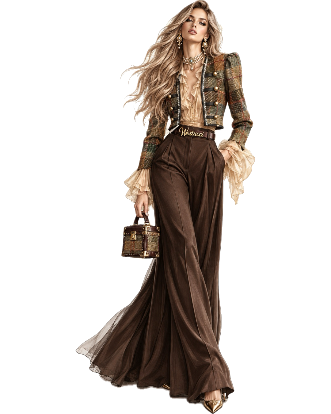 A Westucci look drawn in full: a checked tweed jacket with gold buttons over a cream ruffled blouse, brown silk trousers held by a belt with the Westucci signature buckle, and a small tweed and leather trunk bag