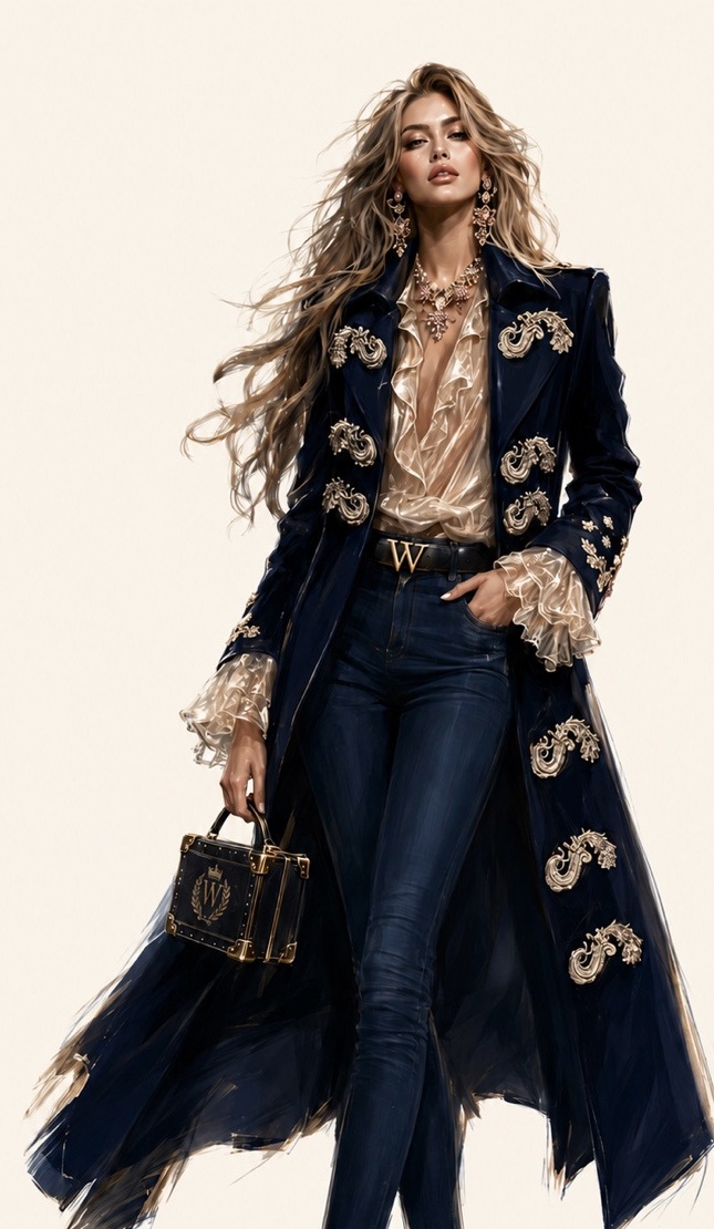 Westucci campaign look: a navy velvet coat with gold embroidery worn over an ivory silk blouse