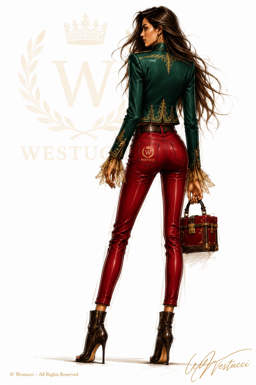 Look One from behind: the green leather jacket showing gold embroidery down the spine, and the crowned laurel crest on the trouser pocket