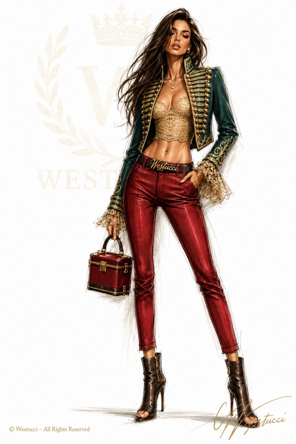 Look One from the front: a green leather hussar jacket with gold frogging, worn open over a gold lace corset with red leather trousers and the Westucci belt