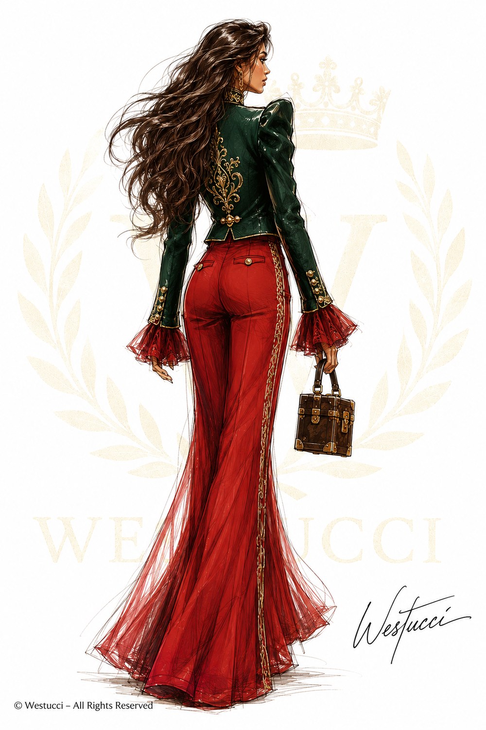 Look Two from behind: the green jacket with gold embroidery across the shoulders, over red trousers with gold braid and a long tulle flare