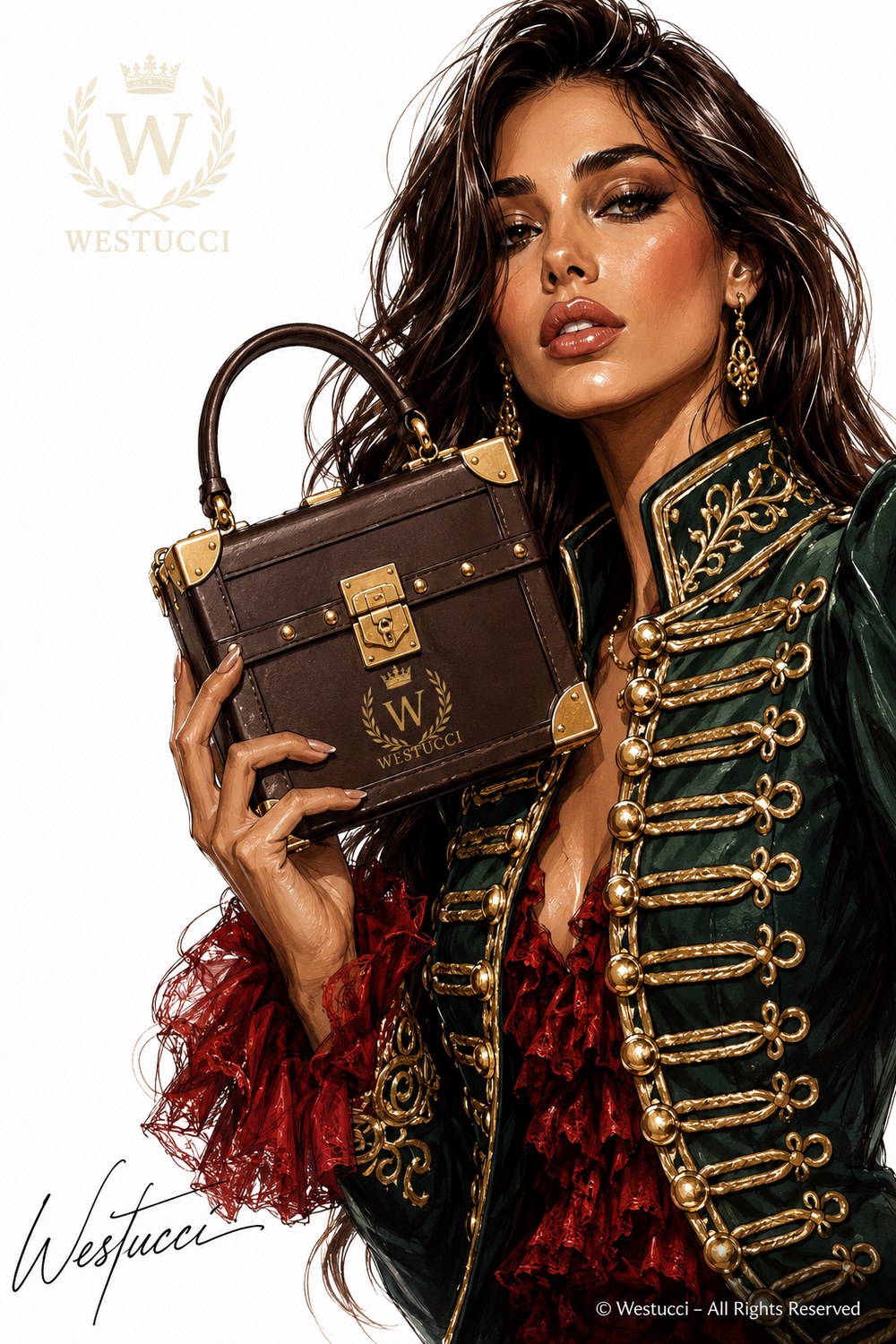 A study of the Bellissima trunk in brown: a hard-sided leather case with brass corners, a lock plate and the crowned laurel crest in gold
