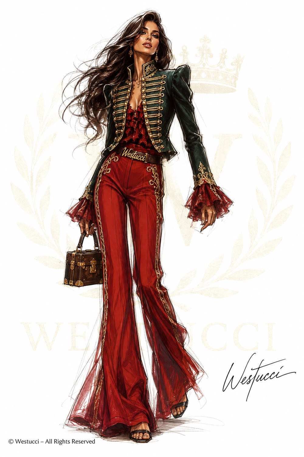Look Two from the front: a dark green hussar jacket closed with heavy gold frogging over a red ruffled blouse, with red trousers braided in gold and flared in tulle