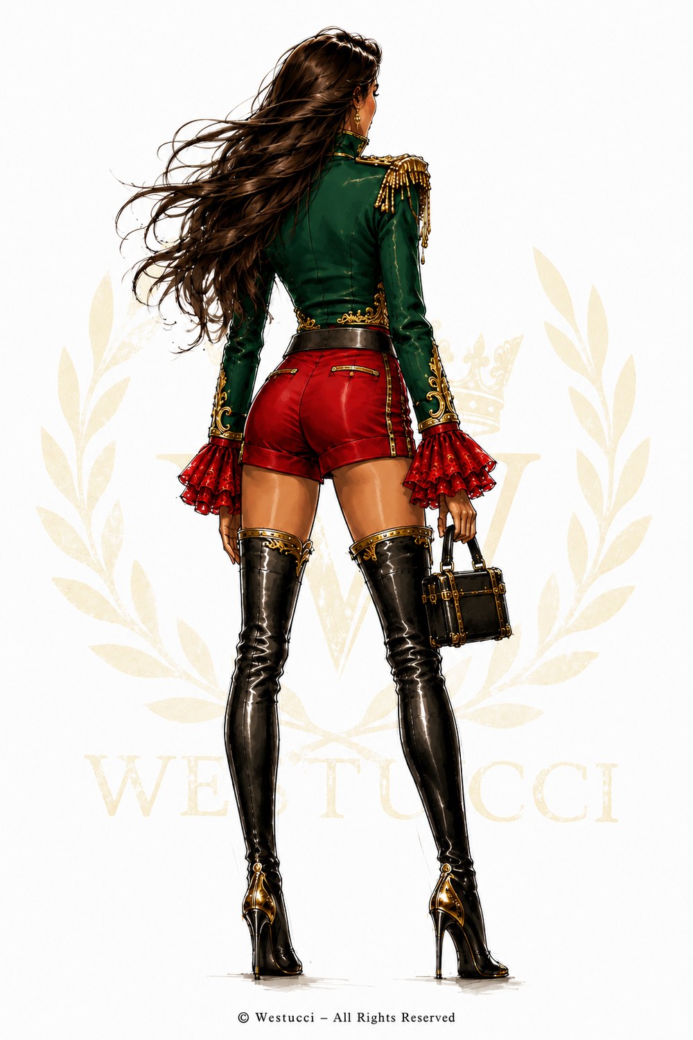 Look Three from behind: the green jacket with gold bullion at the shoulders and embroidery at the hem, over red shorts and black patent thigh boots