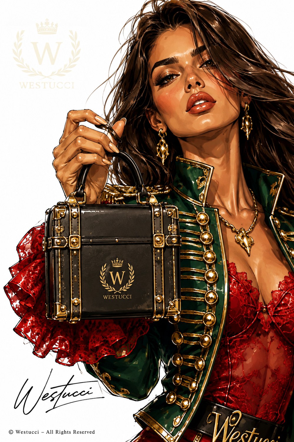 A study of the Bellissima trunk in black: a lacquered case bound in gold straps and studs, with the crowned laurel crest in gold