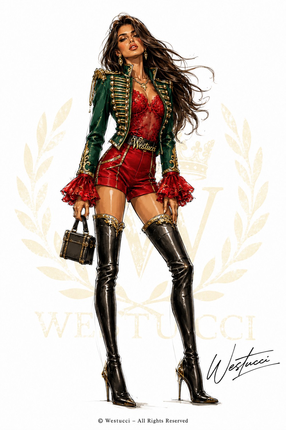 Look Three from the front: a green hussar jacket with gold frogging and bullion epaulettes, over a red lace corset, red leather shorts and black patent thigh boots