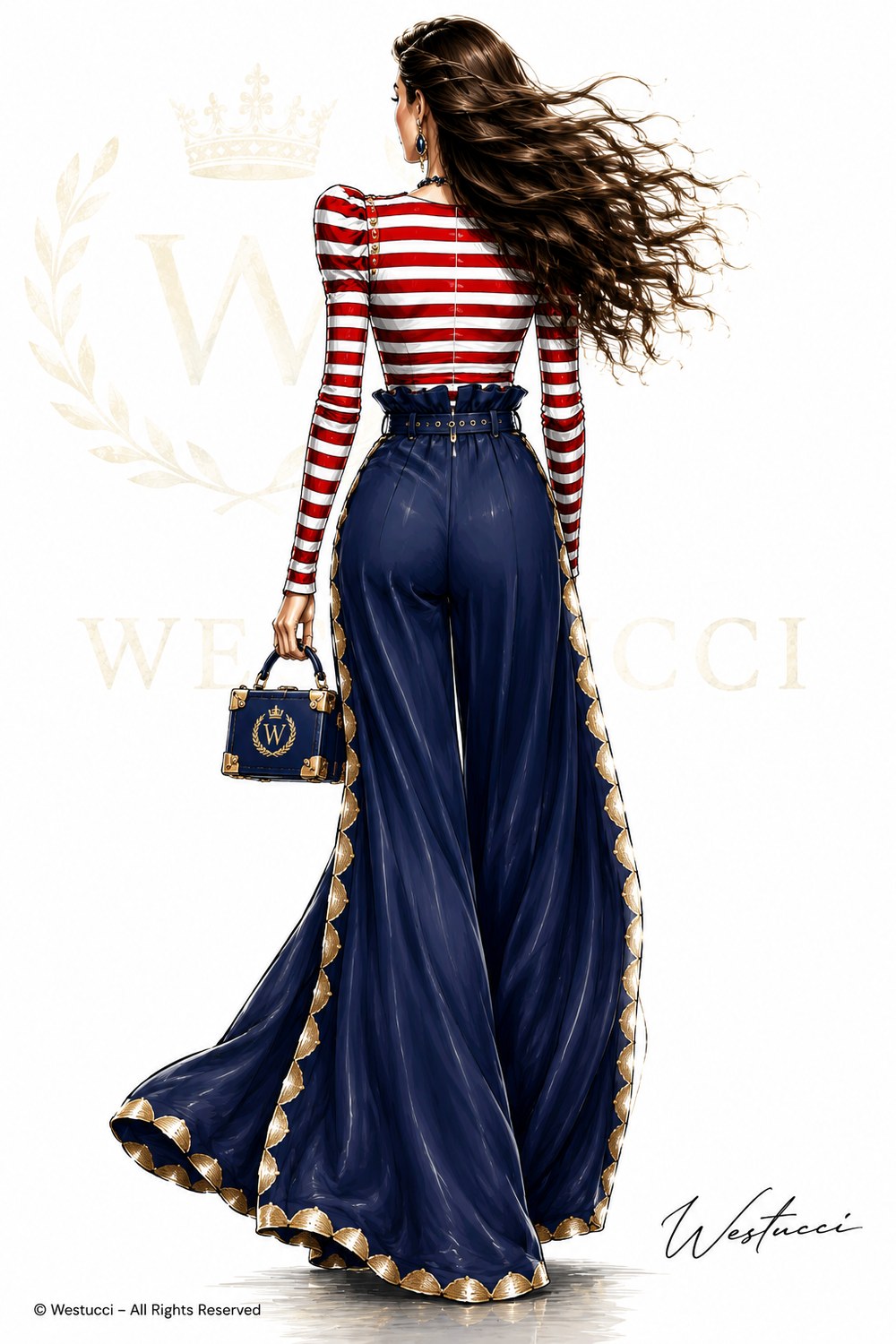La Belle Marine Look One from behind: the striped bodice fastened with gold buttons at the nape, the navy paperbag waist belted over wide floor-length trousers, and scalloped gold trim running the full length of the outer seam to the hem