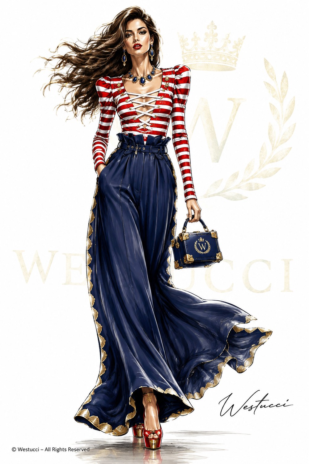La Belle Marine Look One from the front: a red and white horizontally striped bodice with puffed shoulders and white lace-up cording across the chest, worn with a high paperbag-waisted navy skirt trimmed in scalloped gold, sapphire and gold jewellery, red and gold heeled sandals, and a navy trunk bag with gold corners