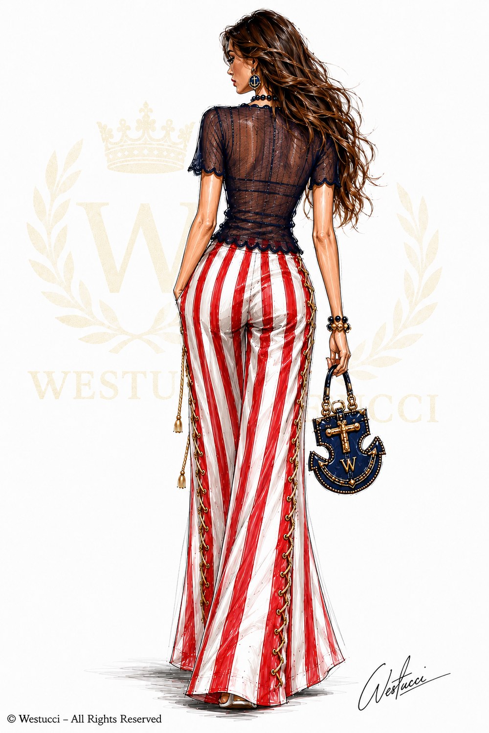 La Belle Marine Look Two from behind: the sheer navy lace top scalloped at the hem and sleeves over bare shoulders, the vertically striped trousers laced down both outer seams with gold cord ending in tassels, and the navy anchor bag carried at the side