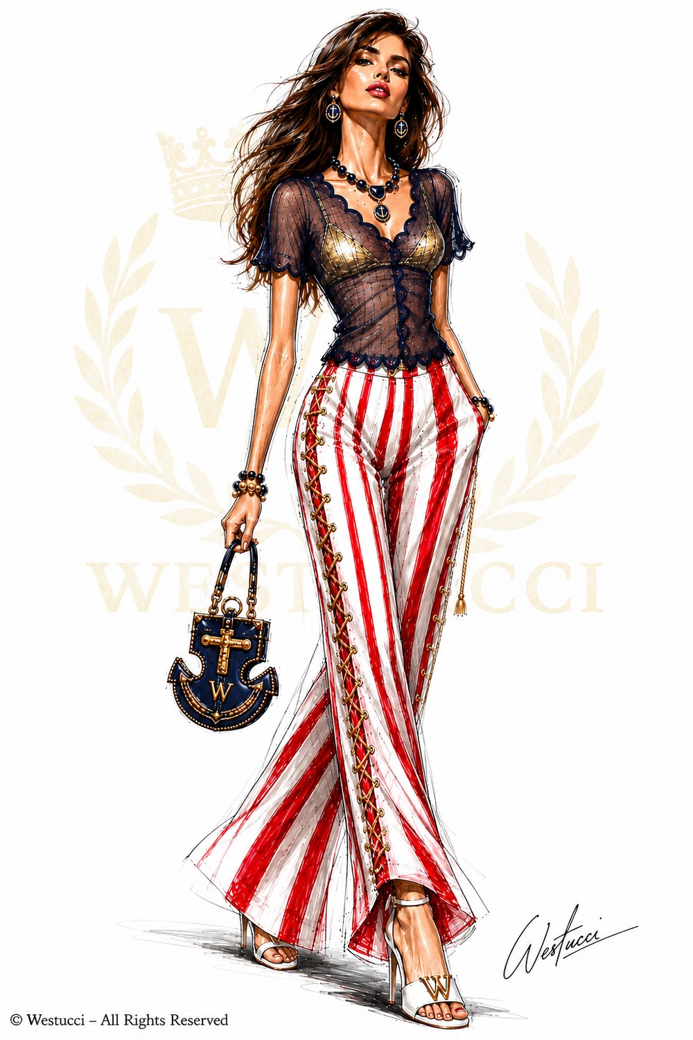 La Belle Marine Look Two from the front: a sheer navy lace top with scalloped edges and short sleeves over a gold lame bra, worn with wide red and white vertically striped trousers laced up the outer seam through gold eyelets with gold cord and tassels, anchor drop earrings, a navy bead necklace with an anchor pendant, white heeled sandals, and a navy anchor-shaped bag with a gold cross and W