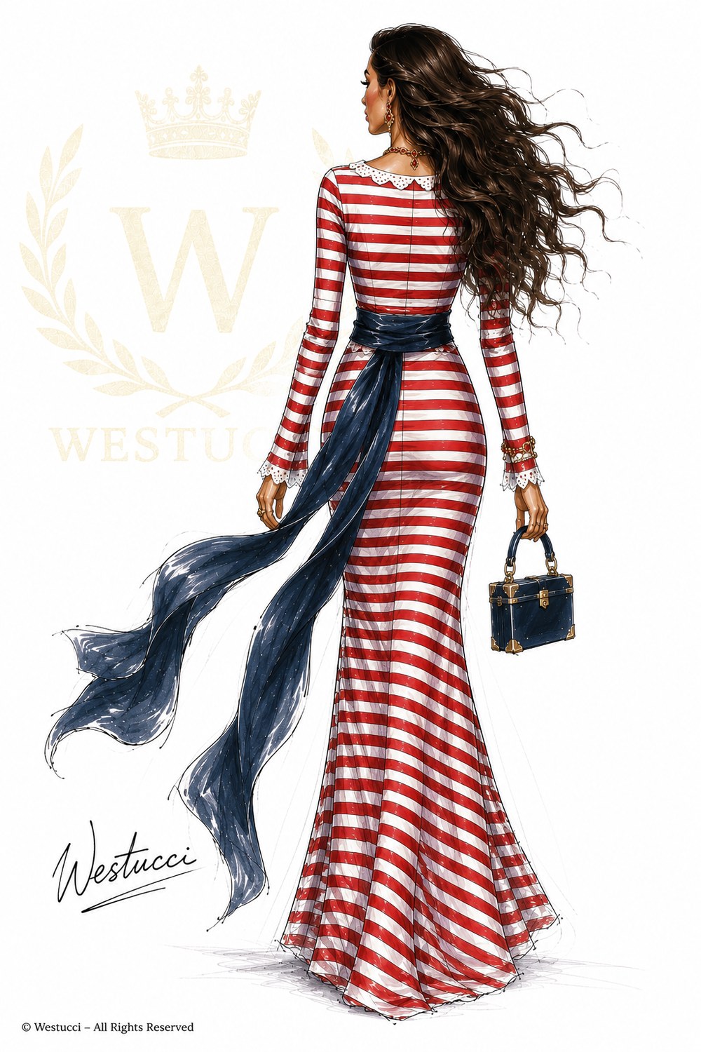La Belle Marine Look Three from behind: the striped gown with a scalloped white lace collar at the nape, long sleeves finishing in white lace cuffs, the navy sash wrapped and knotted at the waist with its tails falling to one side, and the gown sweeping to a full hem, with the navy trunk bag carried at the side