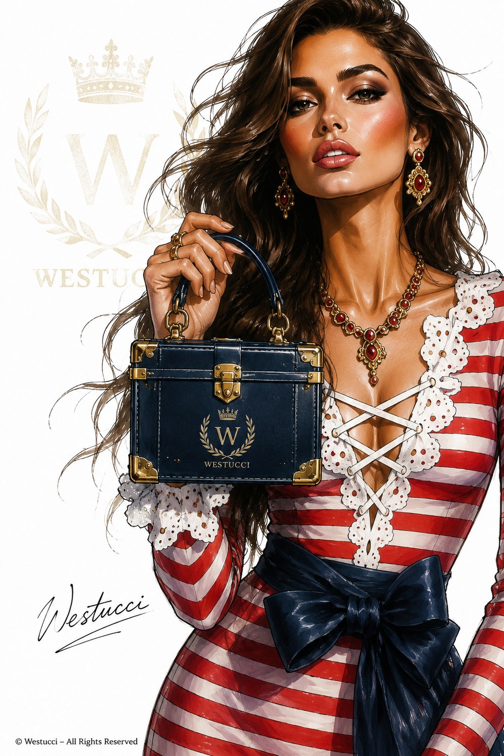 A close study of the navy trunk bag with gold corners, a gold lock and the crowned laurel W crest above the Westucci name in gold on the face, held against the striped gown with its white eyelet lace, navy bow and ruby and gold necklace