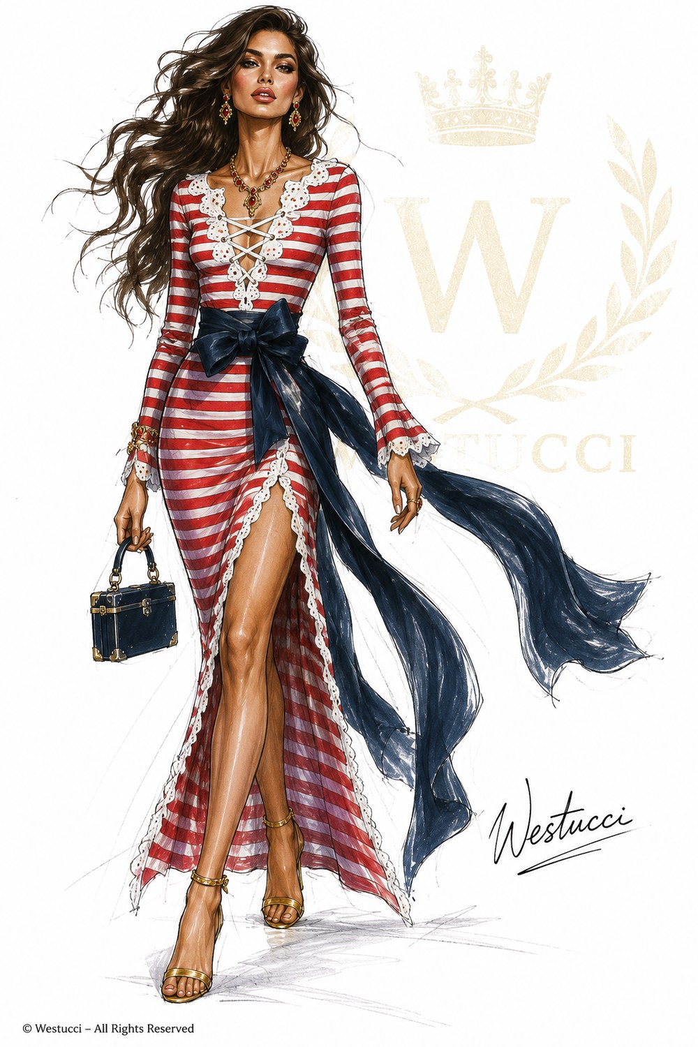 La Belle Marine Look Three from the front: a floor-length red and white horizontally striped gown with long sleeves, a plunging neckline laced in white through scalloped white eyelet lace, a navy silk sash tied in a large bow at the waist with long tails flowing free, a thigh-high slit edged in white lace, ruby and gold jewellery, gold heeled sandals, and a navy trunk bag with gold corners