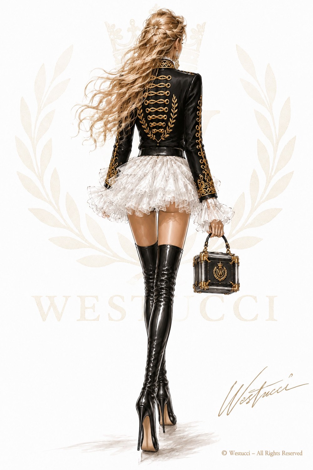 Le Siecle d Or Look One from behind: the black jacket with gold cording and a laurel worked down the spine, over the tiered white skirt