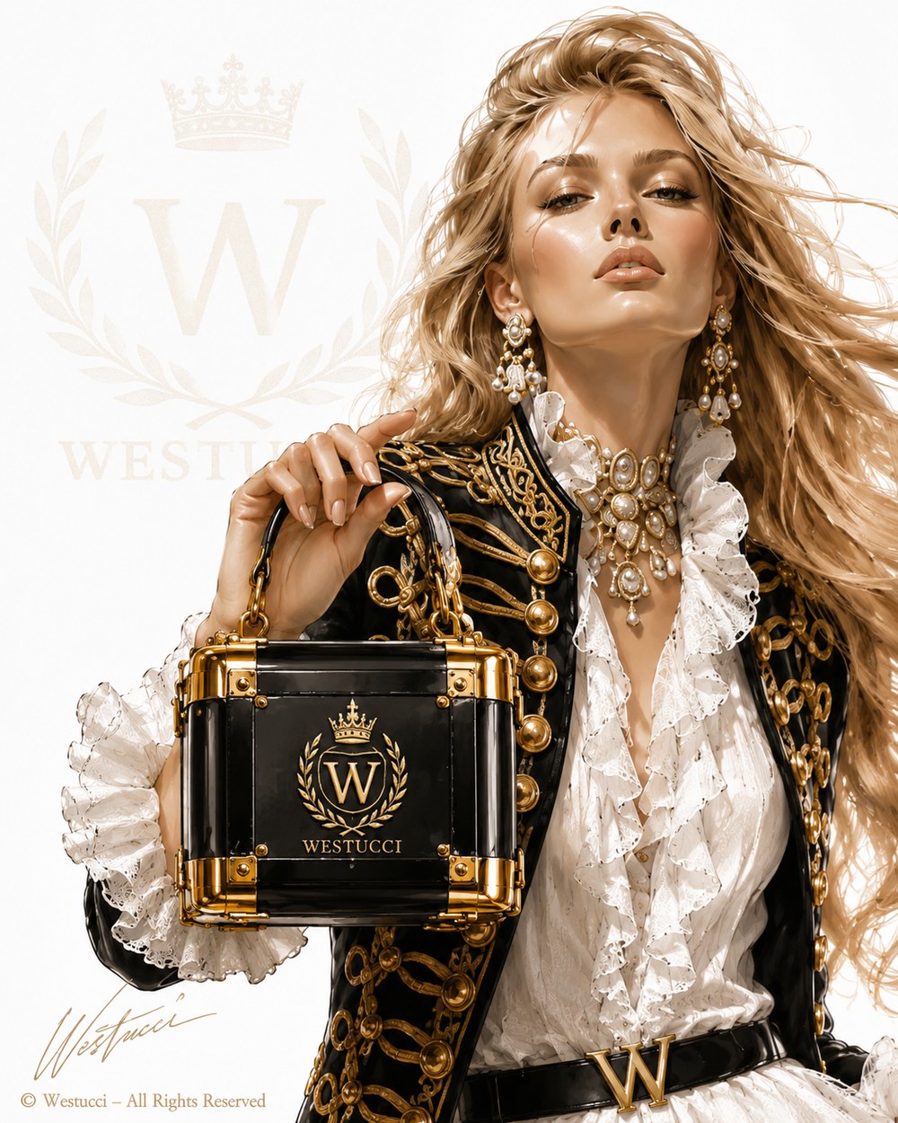 A study of the Bellissima trunk in black lacquer with gold corners and the crowned laurel crest