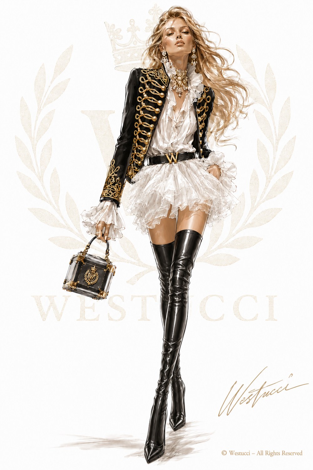 Le Siecle d Or Look One from the front: a black lacquered military jacket with gold frogging, over a white ruffled blouse and tiered skirt, with black patent thigh boots