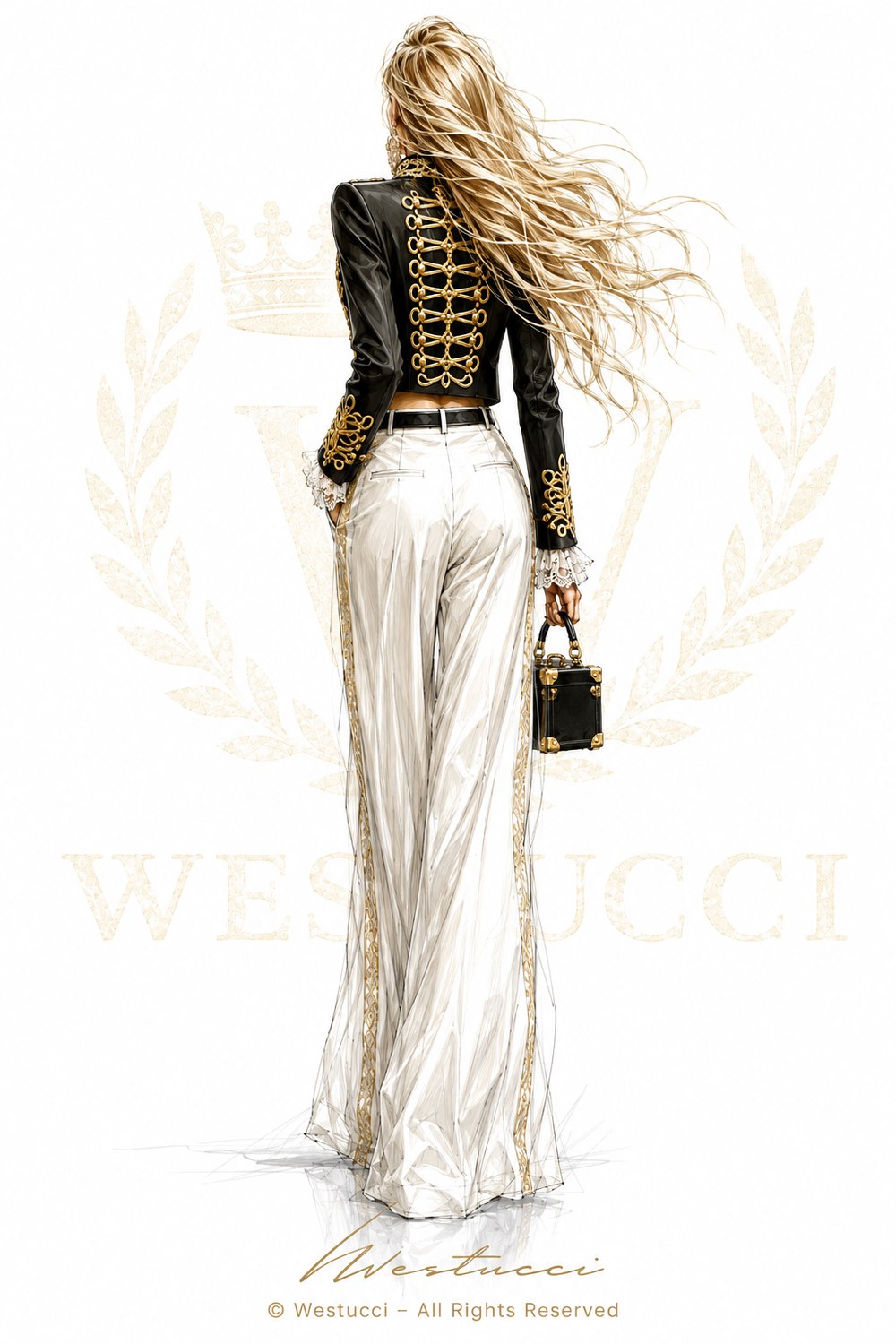 Le Siecle d Or Look Two from behind: the black jacket with gold cording over wide ivory trousers with gold braid running to the floor