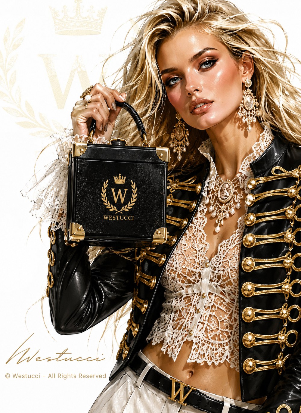 A study of the Bellissima trunk in black with gold corners, held against the gold frogging of the jacket