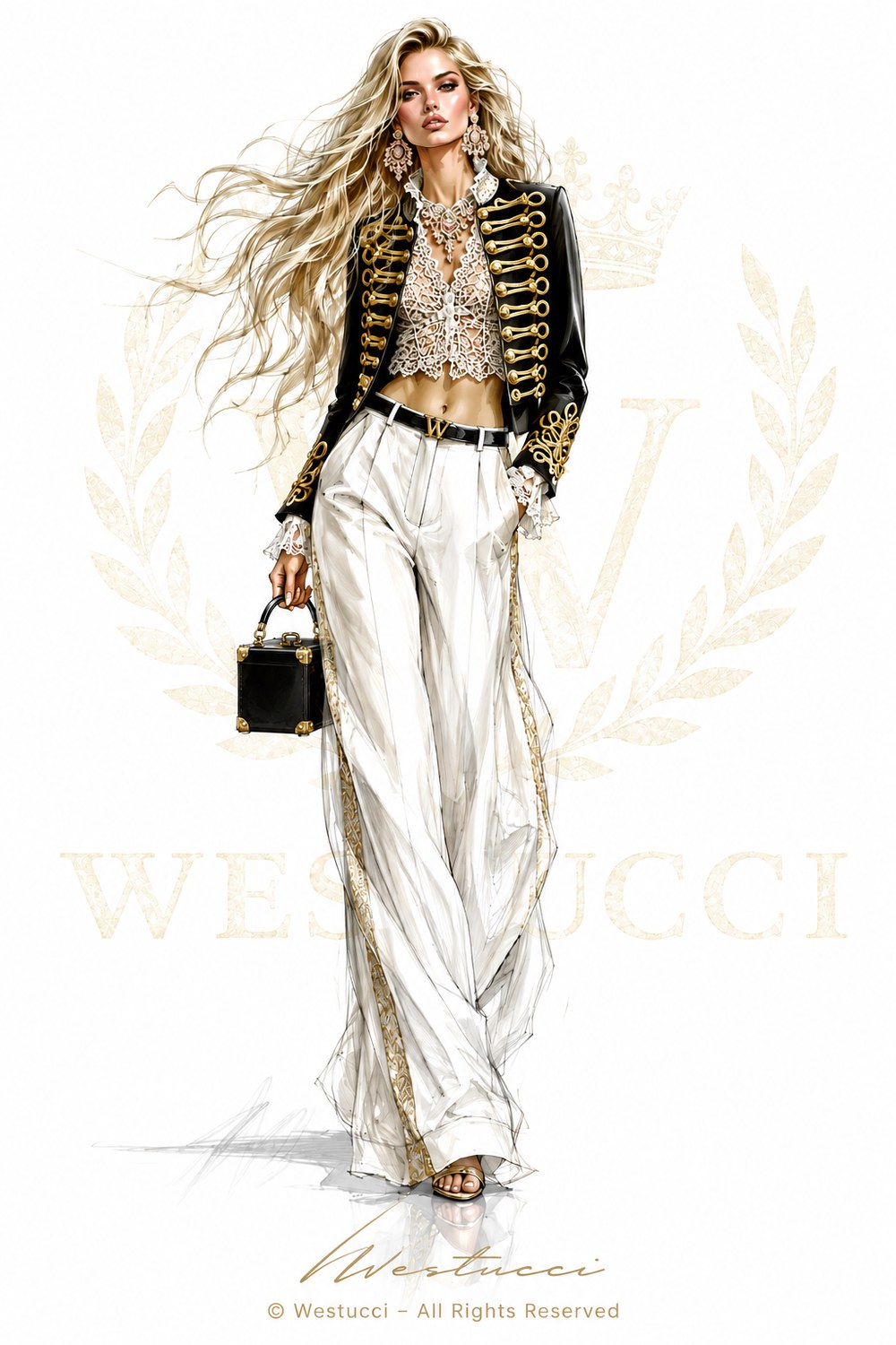 Le Siecle d Or Look Two from the front: a black lacquered jacket with gold frogging over a white lace top and wide ivory trousers braided in gold