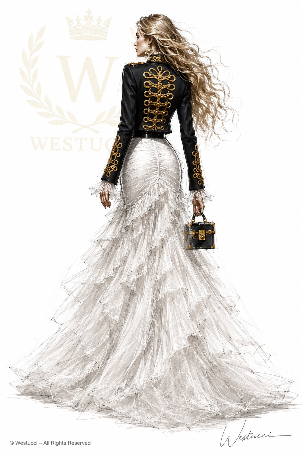 Le Siecle d Or Look Three from behind: the black jacket with a single gold motif worked down the spine, over a full tiered tulle train