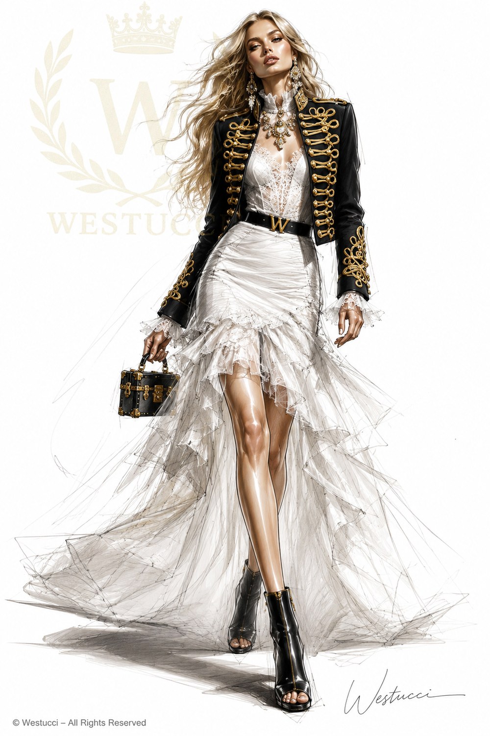 Le Siecle d Or Look Three from the front: the black lacquered jacket with gold frogging over a white lace bodice and a long tiered tulle skirt, with black ankle boots